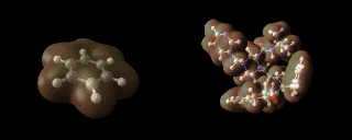 (Benzene (left) and aspartyl protease inhibitors (right) showing an iso-contour through their respective electron densities.)