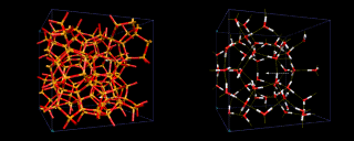 (Interstitial sites in a cage like structures formed by SiO2 (left) and within the hydrogen bonded structure of water molecules in a gas hydrate structure (right).)