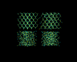 (Successive configurations in the simulation of the melting of SiO2 showing melt formation from the crystalline to teh liquid state.)